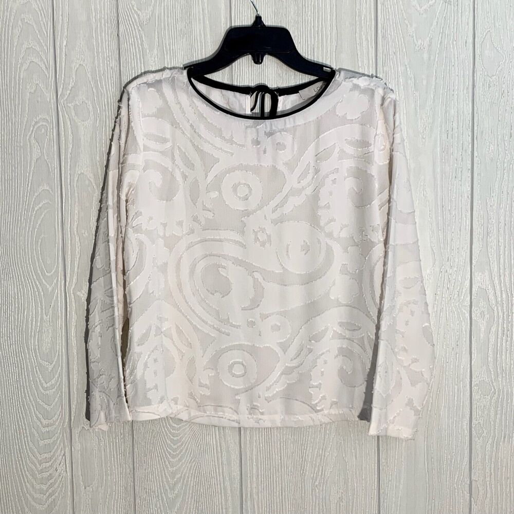 Loft White Print Black Trim Long Sleeve Top Size Small